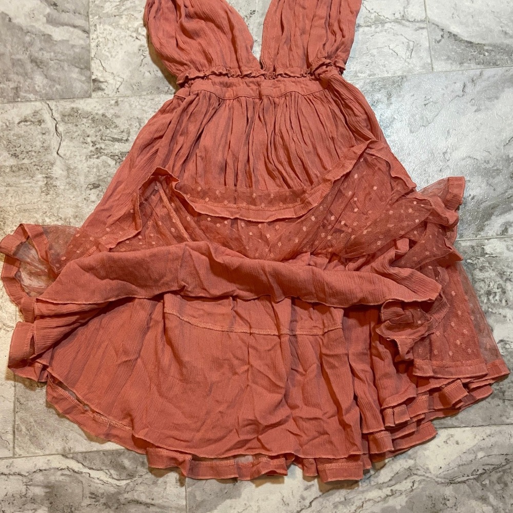 Boho Terracotta Halter Mini Dress Sz Med Deep-V Backless Ruffle Lace Skirt - Picture 10 of 12